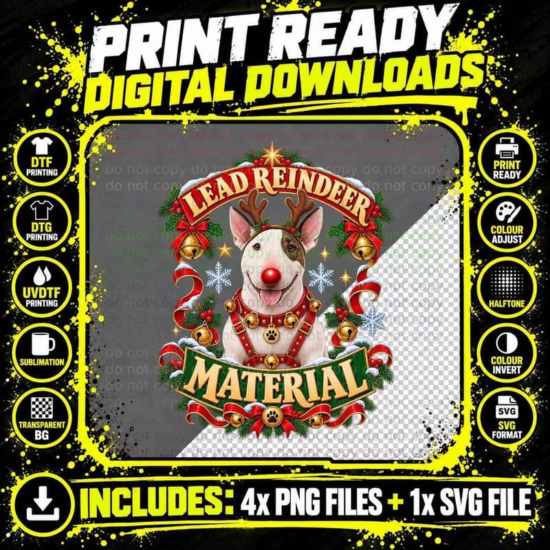 Bull Terrier Christmas Lead Reindeer Material Funny Dog Png SVG Digital Bundle