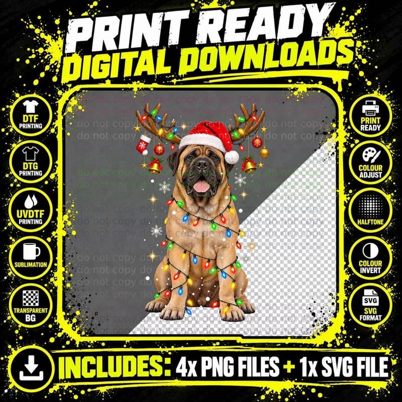 Bullmastiff Christmas Dog Santa Hat Holiday Lights Snow Png SVG Digital Bundle