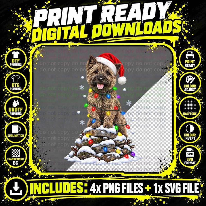 Cairn Terrier Christmas Dog Santa Hat Fairy Lights Snow Png SVG Digital Bundle