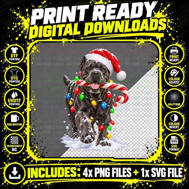 Cane Corso Christmas Dog Santa Hat Candy Cane Fairy Png SVG Digital Bundle