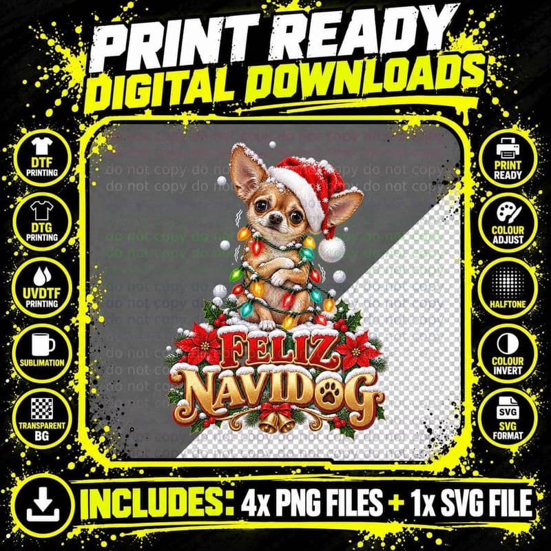 Feliz Navidog Chihuahua Christmas Santa Hat Tangled Fairy Lights Grumpy T-Shirt Png SVG Digital Bundle