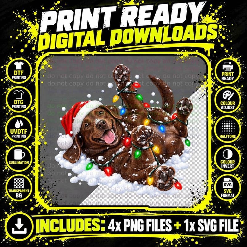 Chocolate Labrador Christmas Snow Fairy Lights Holiday Png SVG Digital Bundle