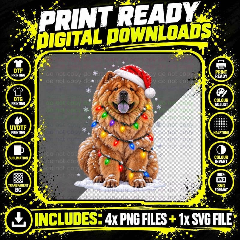 Chow Chow Christmas Santa Hat Blue Tongue Tangled Fairy Lights Dog T-Shirt Png SVG Digital Bundle