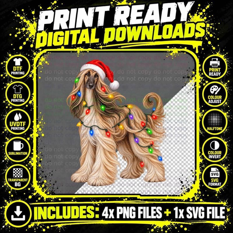 Christmas Afghan Hound Santa Hat Fairy Lights Snow Dog Png SVG Digital Bundle