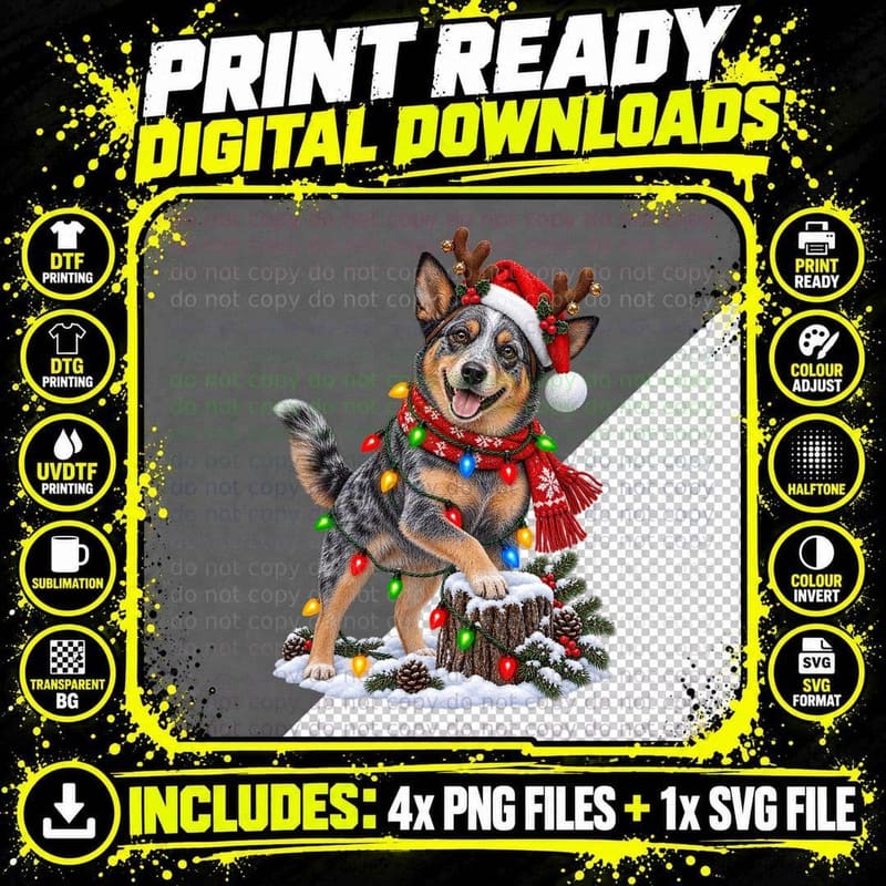 Christmas Australian Cattle Dog Reindeer Santa Hat Png SVG Digital Bundle