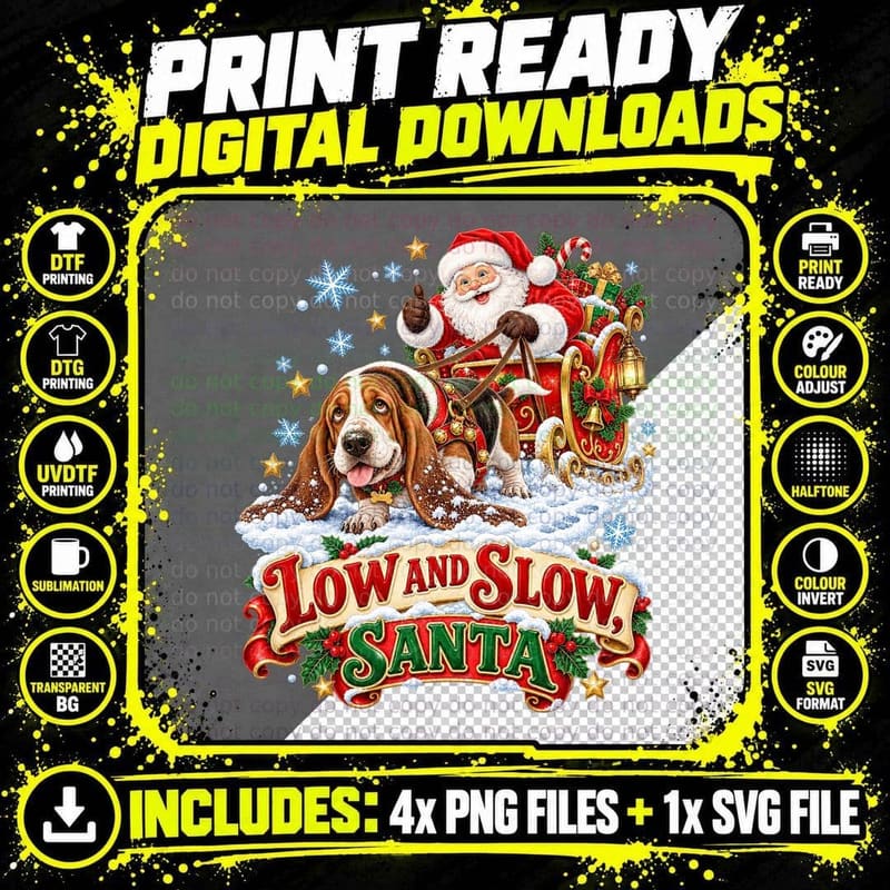 Christmas Basset Hound Funny Watercolor Santa Sleigh Dog Png SVG Digital Bundle
