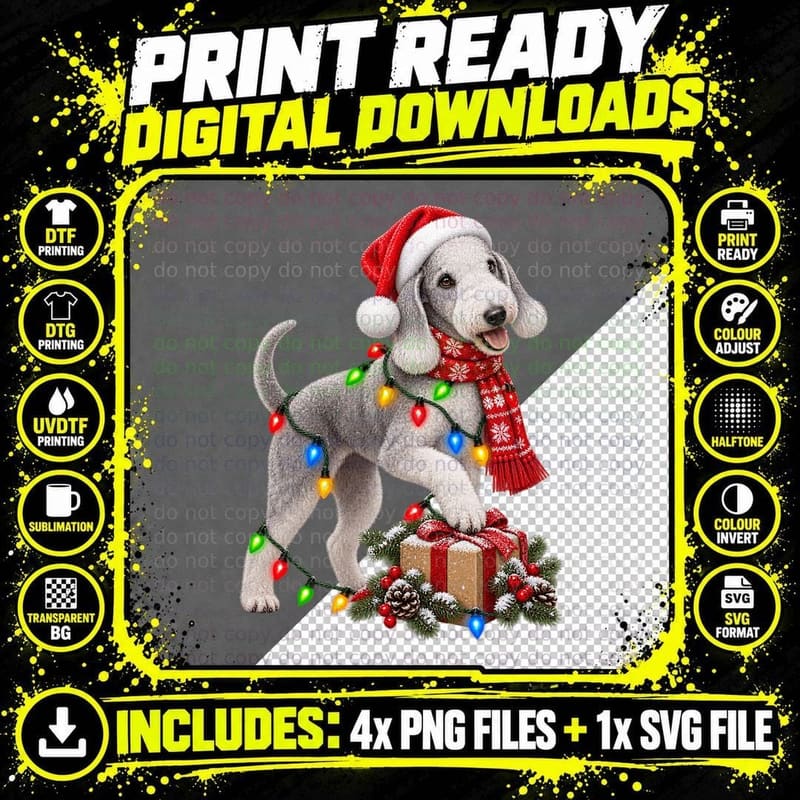 Christmas Bedlington Terrier Santa Hat Fairy Lights Png SVG Digital Bundle