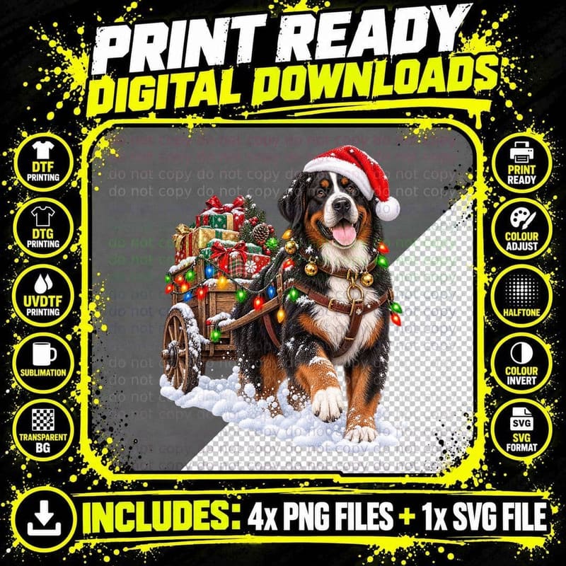 Christmas Bernese Mountain Dog Santa Hat Fairy Lights Png SVG Digital Bundle