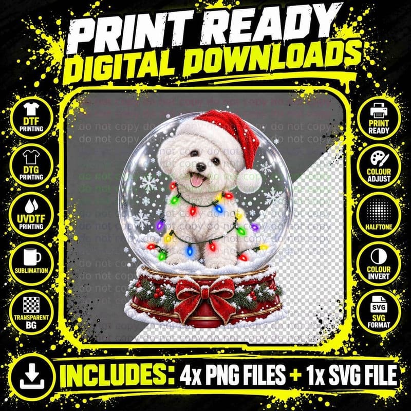 Christmas Bichon Frise Dog Snow Globe Santa Hat Festive Png SVG Digital Bundle