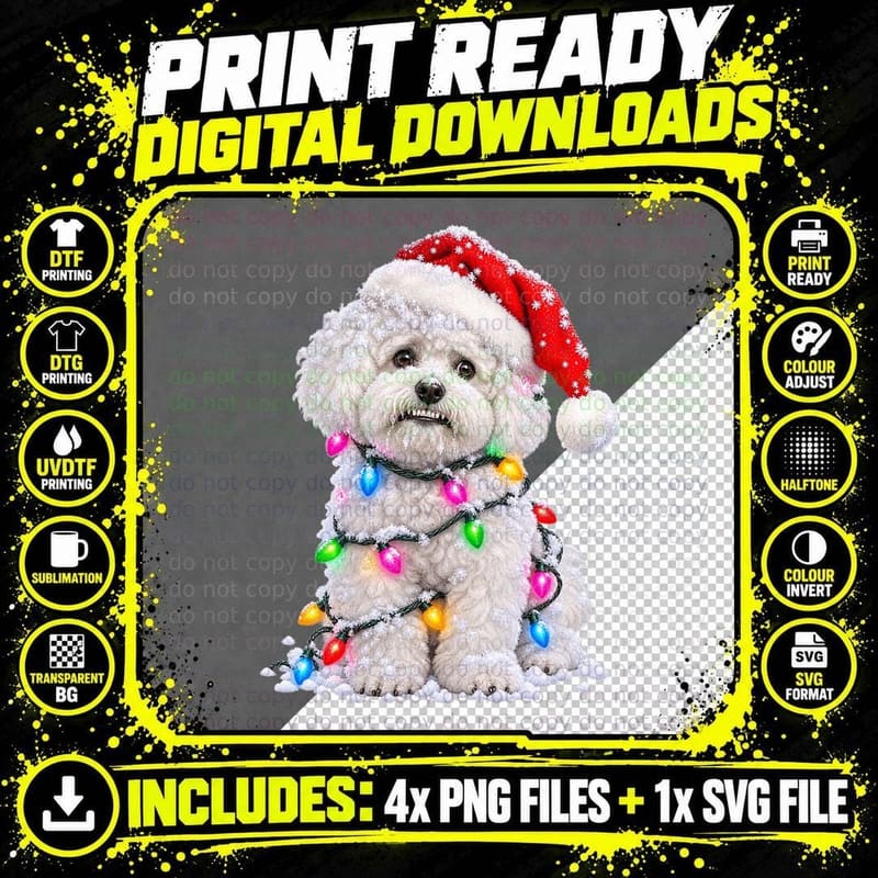 Christmas Bichon Frise Santa Hat Fairy Lights Snow Dog Png SVG Digital Bundle