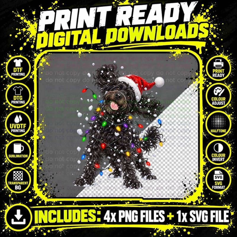 Christmas Black Cockapoo Santa Hat Fairy Lights Funny Png SVG Digital Bundle