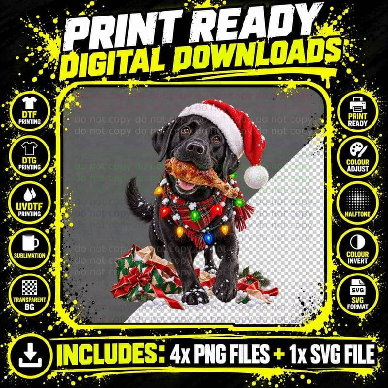 Christmas Black Labrador Dog Santa Hat Festive Funny Png SVG Digital Bundle