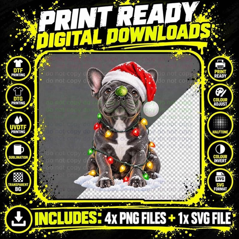 Christmas Blue French Bulldog Santa Hat Brussels Sprout Png SVG Digital Bundle