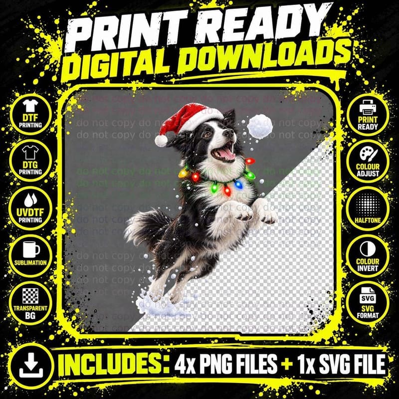 Christmas Border Collie Santa Hat Snowball Fairy Lights Png SVG Digital Bundle