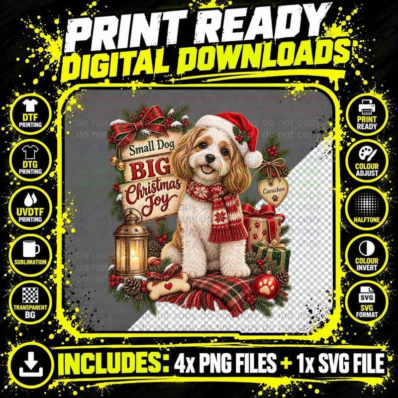 Christmas Cavachon Fluff and Joy Watercolor Cute Dog Png SVG Digital Bundle