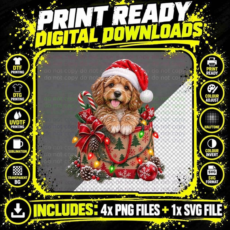 Christmas Cavapoo Puppy Santa Hat Gift Bag Fairy Lights Png SVG Digital Bundle