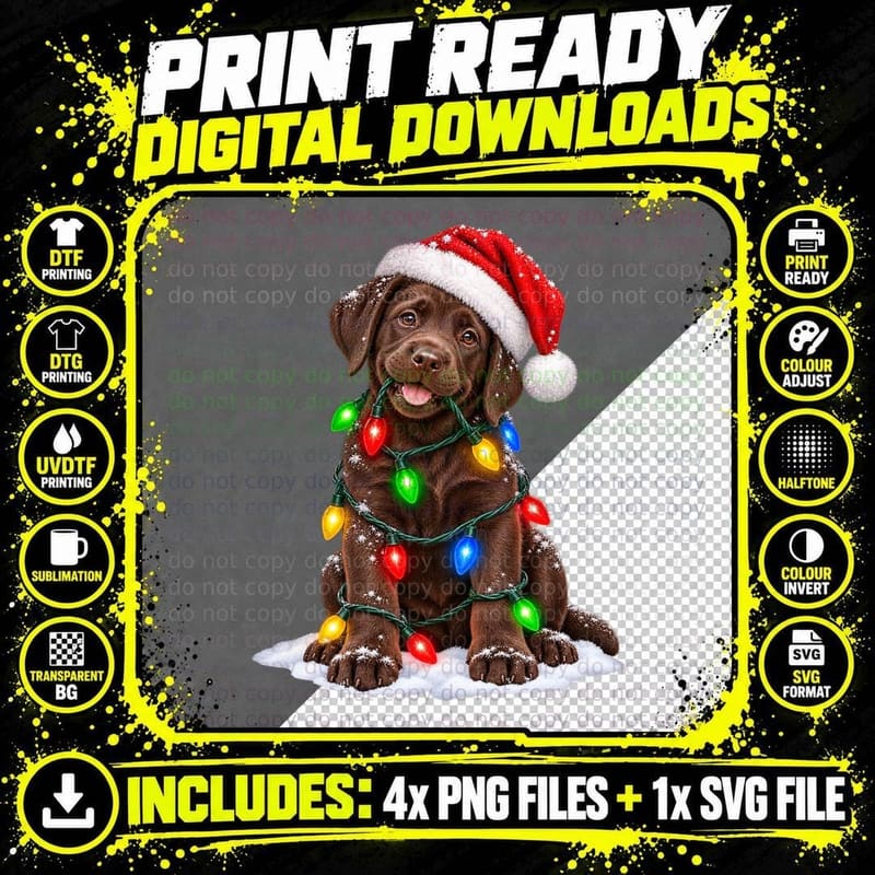 Christmas Chocolate Labrador Puppy Santa Hat Fairy Png SVG Digital Bundle