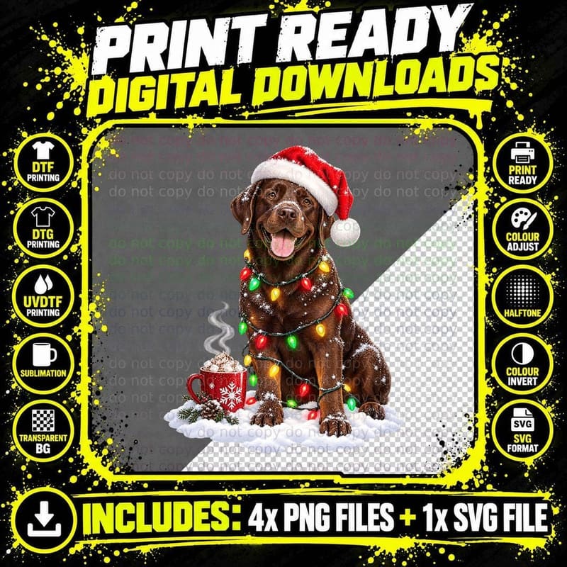 Christmas Chocolate Labrador Santa Hat Fairy Lights Png SVG Digital Bundle