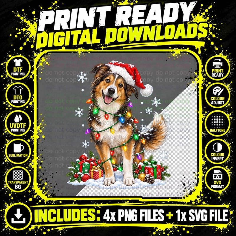 Christmas Collie Cross Rescue Dog Santa Hat Fairy Lights Png SVG Digital Bundle