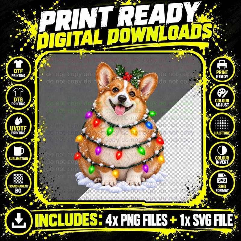 Christmas Corgi Dog Holiday Holly Lights Cute Funny Png SVG Digital Bundle