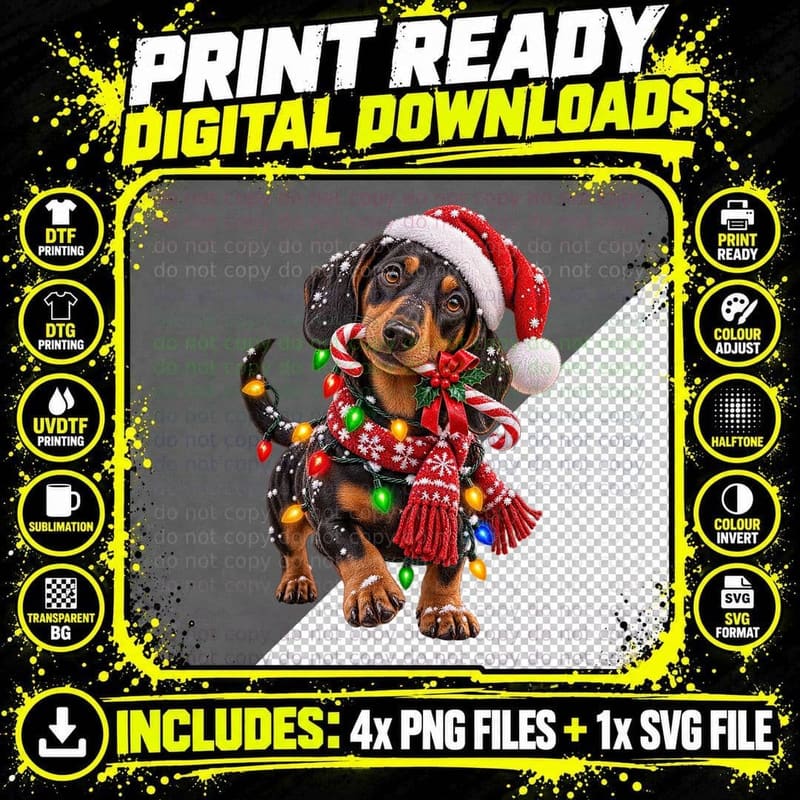 Christmas Dachshund Dog Santa Hat Festive Snow Funny Png SVG Digital Bundle