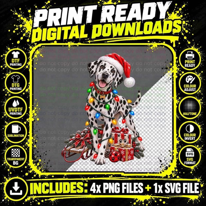 Christmas Dalmatian Santa Hat Fairy Lights Snowflakes Png SVG Digital Bundle
