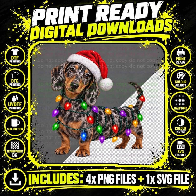 Christmas Dapple Dachshund Dog Santa Hat Fairy Lights Png SVG Digital Bundle