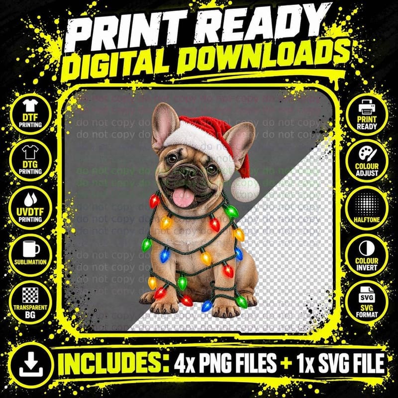 Christmas Fawn French Bulldog Puppy Santa Hat Fairy Png SVG Digital Bundle