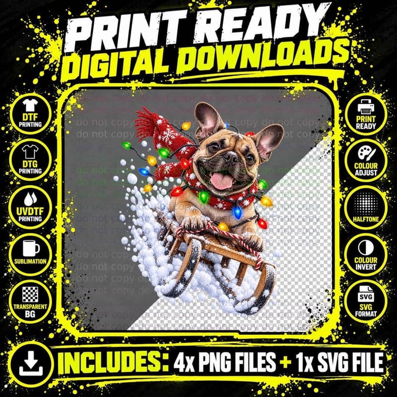 Christmas French Bulldog Dog Festive Sledding Snow Funny Png SVG Digital Bundle