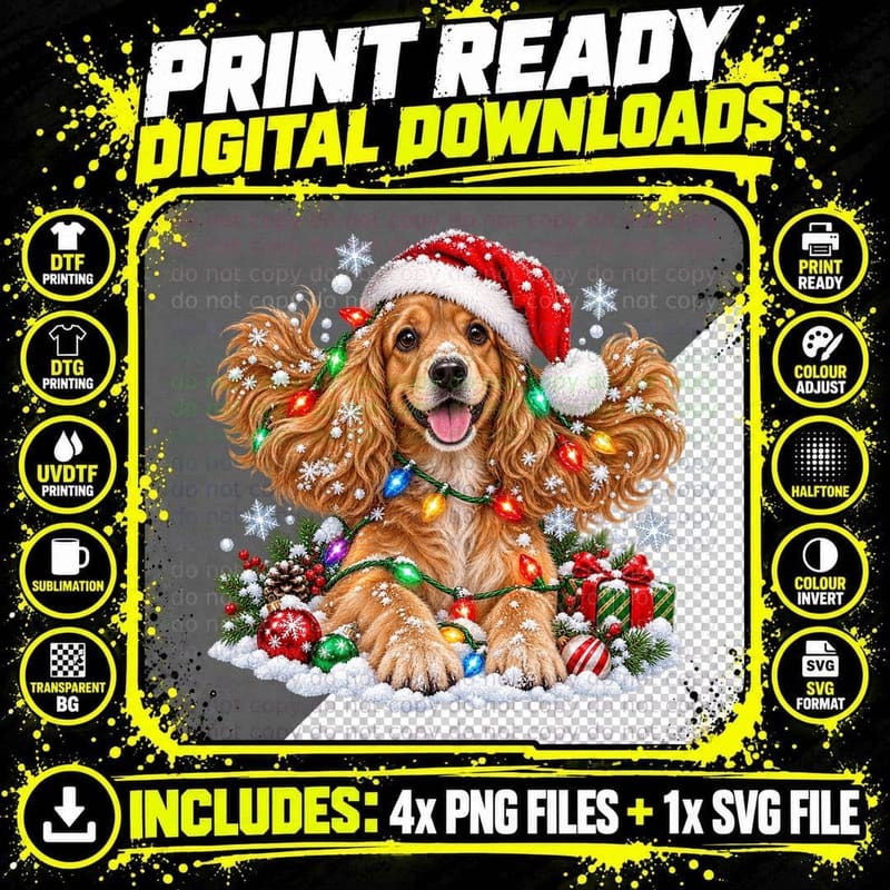 Christmas Golden Cocker Spaniel Santa Hat Fairy Lights Png SVG Digital Bundle