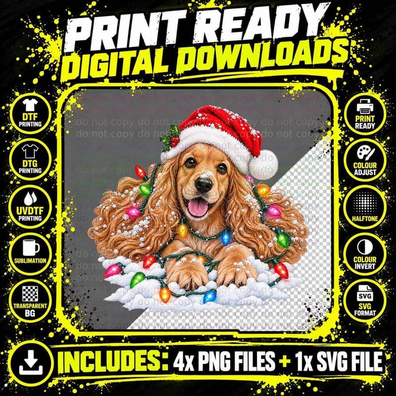 Christmas Golden Cocker Spaniel Santa Hat Fairy Lights Png SVG Digital Bundle