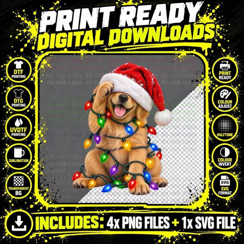 Christmas Golden Retriever Puppy Santa Hat Fairy Lights Png SVG Digital Bundle