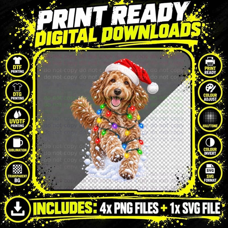 Christmas Goldendoodle Santa Hat Fairy Lights Snow Png SVG Digital Bundle