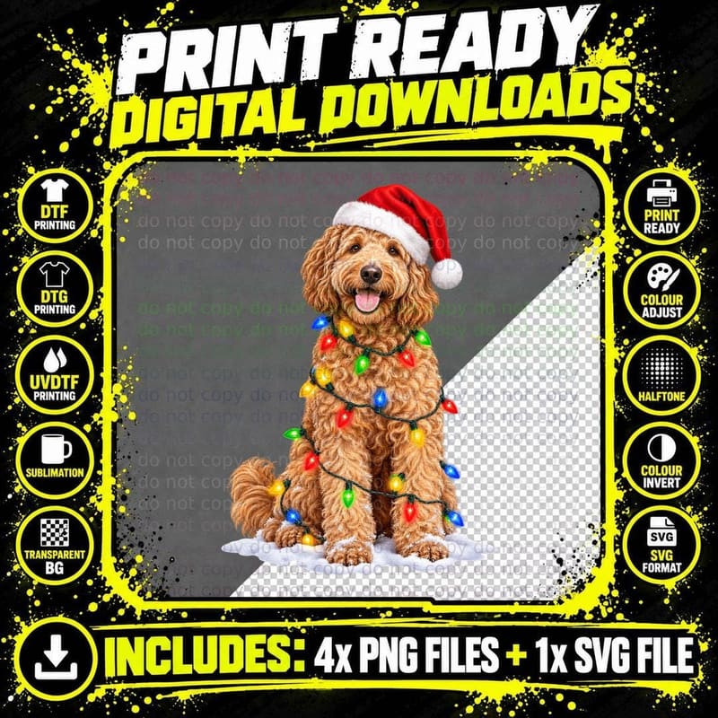 Christmas Goldendoodle Santa Hat Fairy Lights Snow Png SVG Digital Bundle