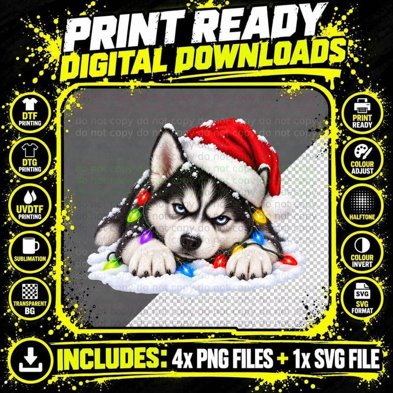 Christmas Husky Puppy Santa Hat Fairy Lights Snow Dog Png SVG Digital Bundle