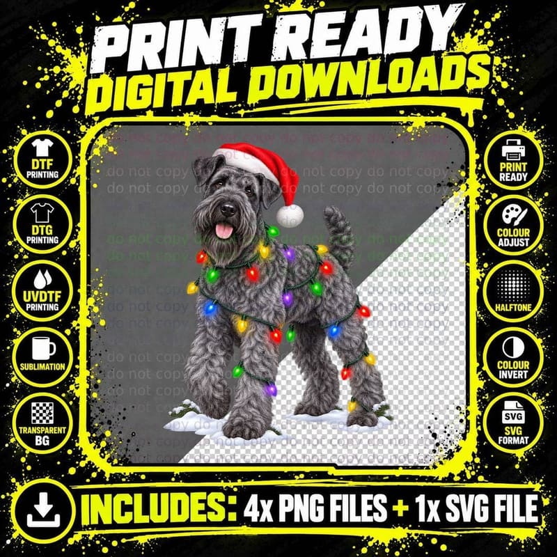 Christmas Kerry Blue Terrier Santa Hat Fairy Lights Snow Png SVG Digital Bundle