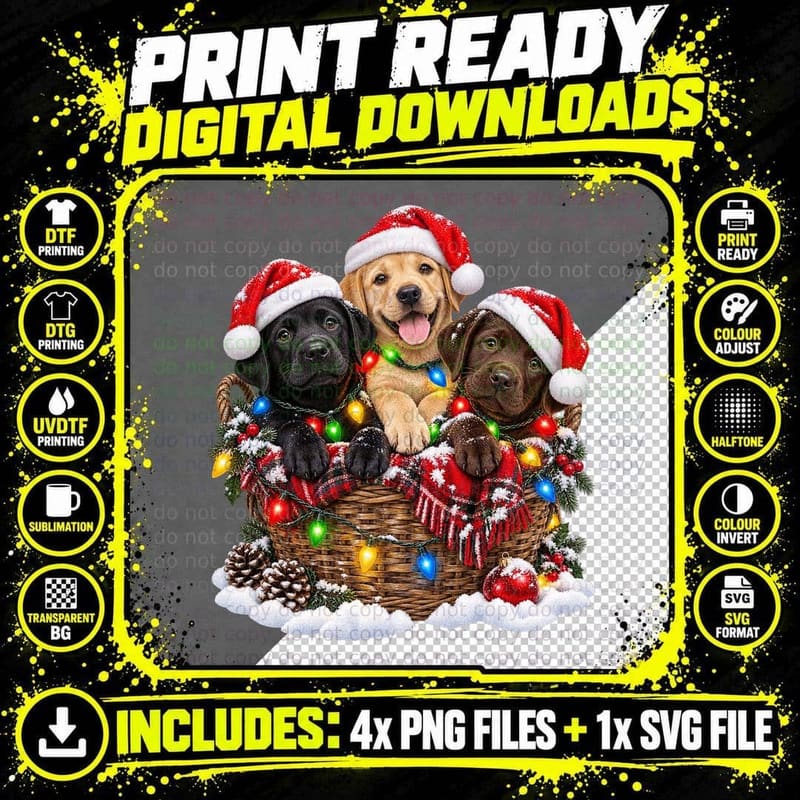 Christmas Labrador Puppies Santa Hats Fairy Lights Dog Png SVG Digital Bundle