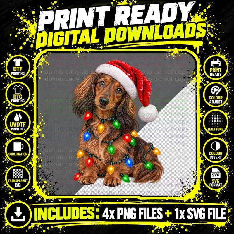 Christmas Long Haired Dachshund Santa Hat Fairy Lights Png SVG Digital Bundle