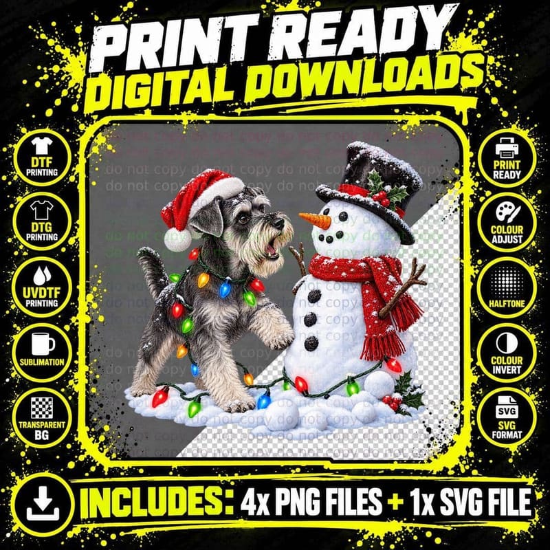 Christmas Miniature Schnauzer Dog Snowman Santa Hat Png SVG Digital Bundle