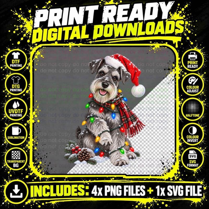 Christmas Miniature Schnauzer Santa Hat Fairy Lights Png SVG Digital Bundle