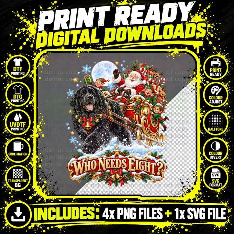 Christmas Newfoundland Dog Funny Watercolor Santa Sleigh Png SVG Digital Bundle