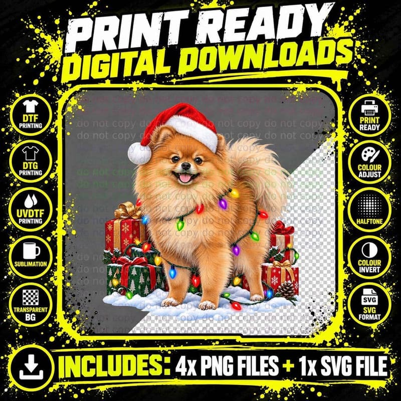 Christmas Pomeranian Dog Santa Hat Presents Festive Pet Png SVG Digital Bundle