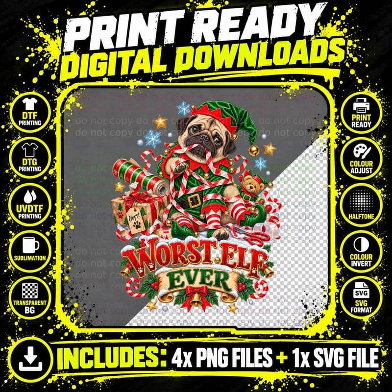 Christmas Pug Funny Watercolor Elf Santa Workshop Png SVG Digital Bundle