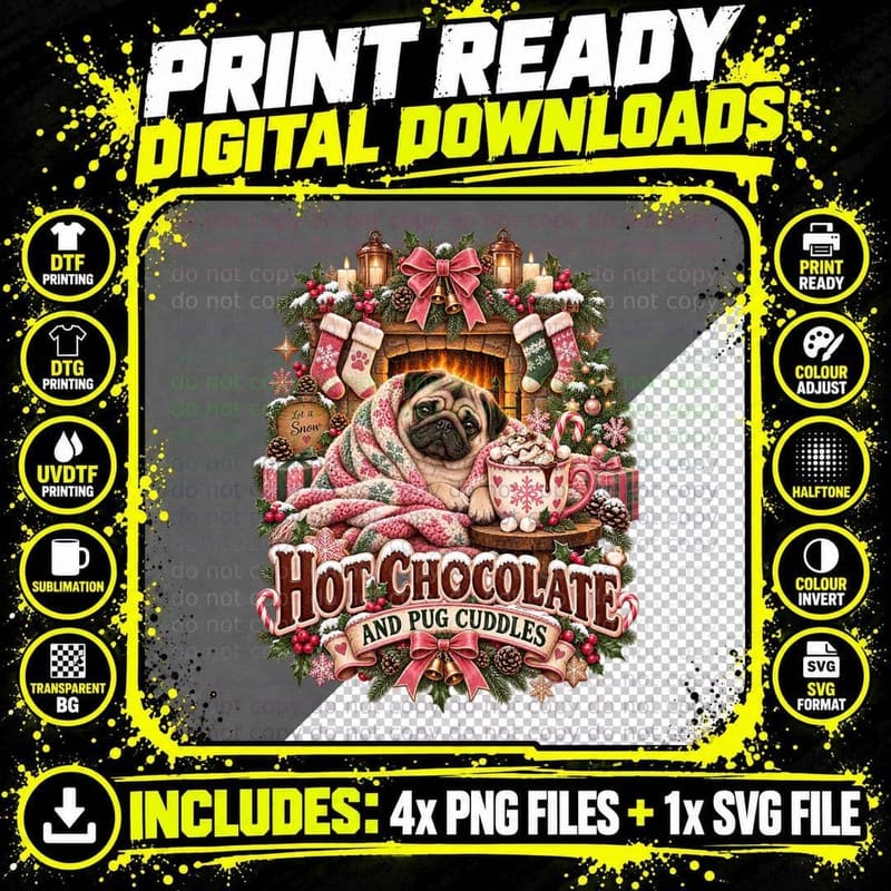 Christmas Pug Hot Chocolate Watercolor Cozy Funny Dog Png SVG Digital Bundle