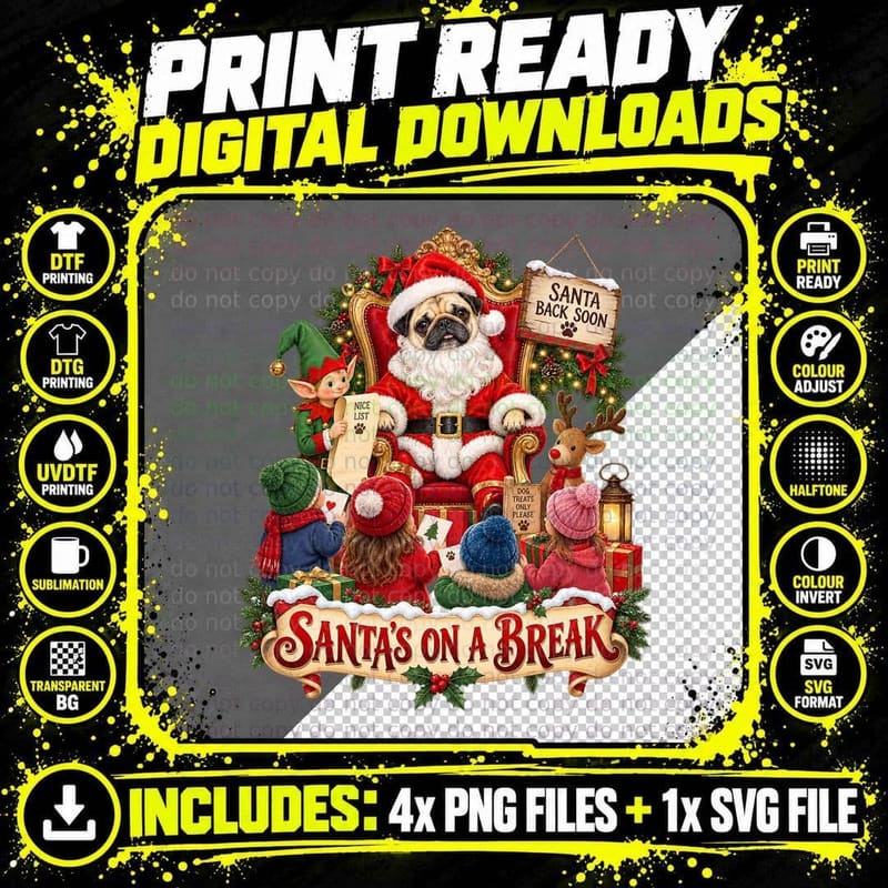 Christmas Pug Santa's On A Break Funny Dog Watercolor Png SVG Digital Bundle