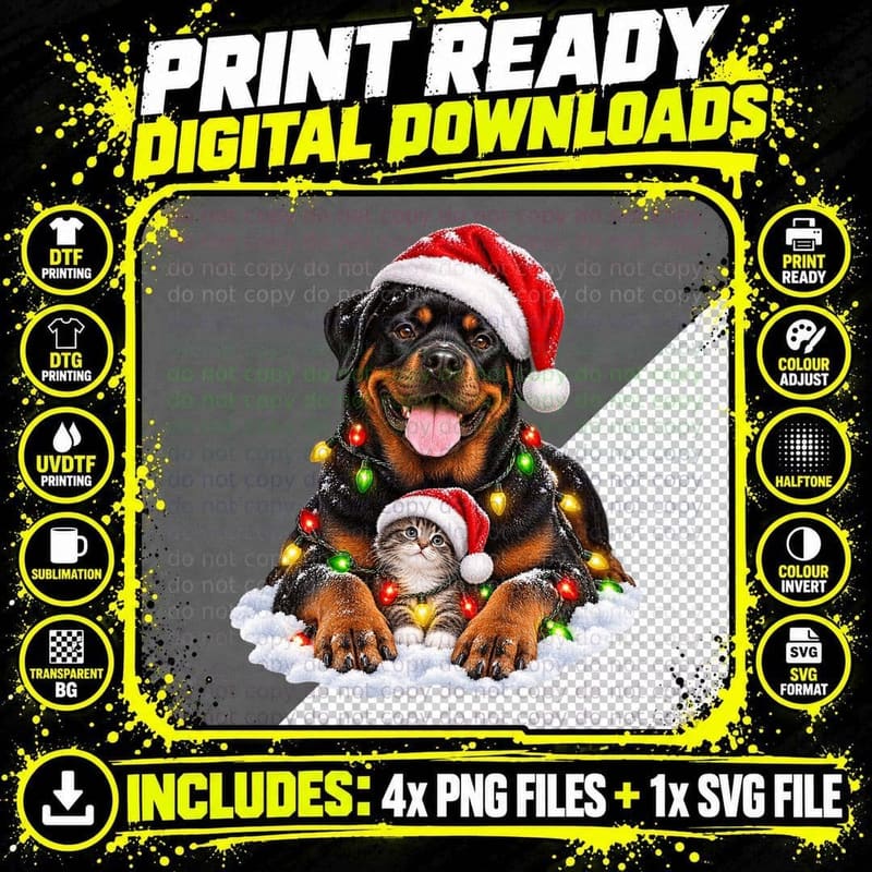 Christmas Rottweiler Kitten Santa Hat Fairy Lights Dog Png SVG Digital Bundle