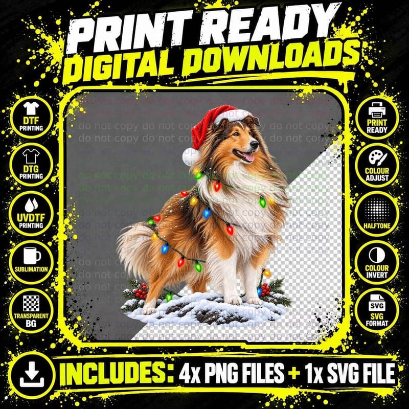 Christmas Rough Collie Dog Santa Hat Fairy Lights Png SVG Digital Bundle