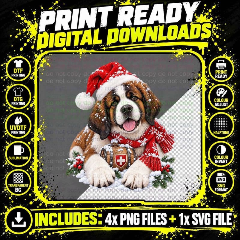Christmas Saint Bernard Puppy Fairy Lights Snow Present Png SVG Digital Bundle