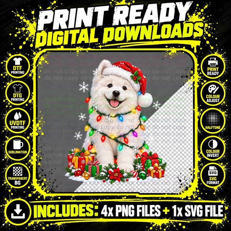 Christmas Samoyed Puppy Fairy Lights Snowflake Cute Png SVG Digital Bundle
