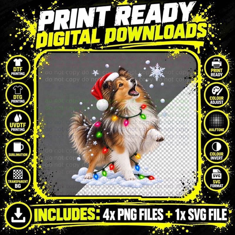 Christmas Shetland Sheepdog Sheltie Santa Hat Festive Png SVG Digital Bundle